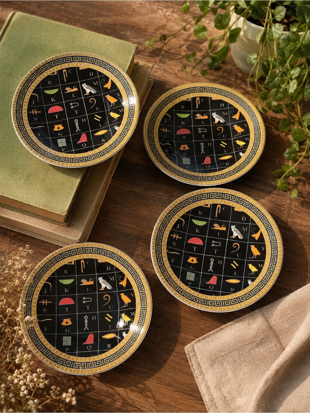 Set of 4 Egyptian Revival Hieroglyphic Plates